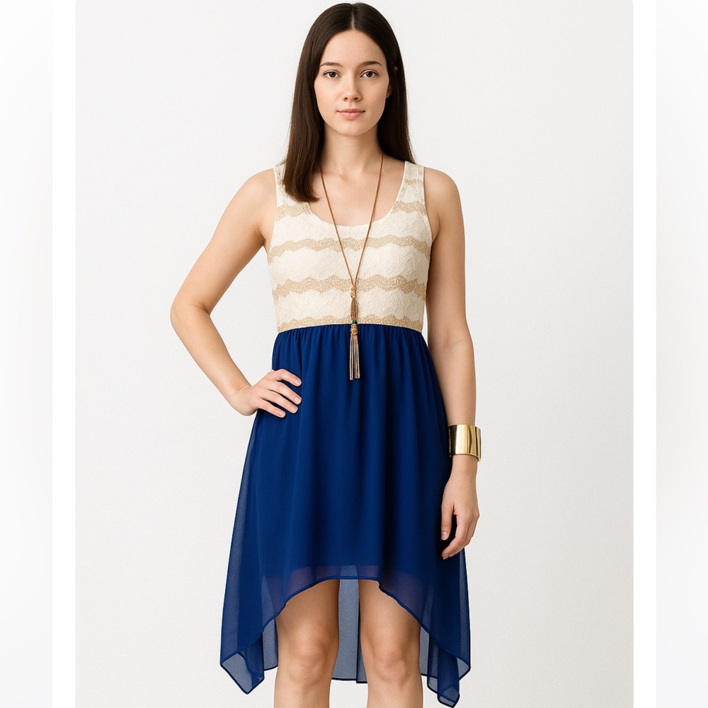 Blue and Gold Wavy Dress with Sequins Beautiful